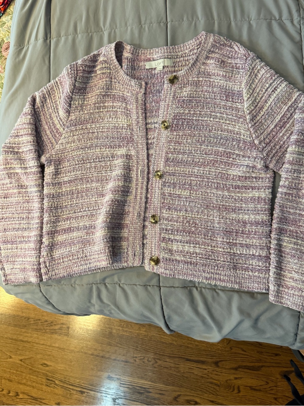 LOFT Lavender and Cream Textured Knit Cardigan with Gold Buttons